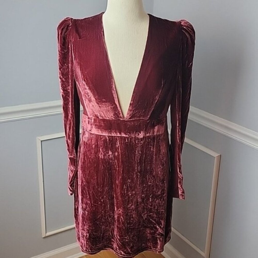 Plunge Velvet Long-Sleeve Mini Dress - Burgundy